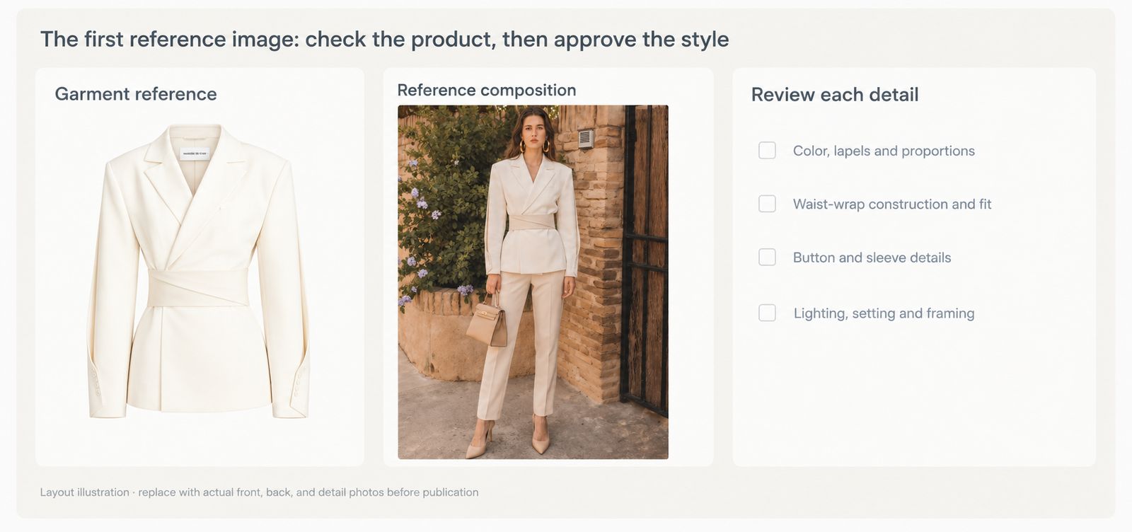 Workflow illustration showing where to compare real garment references, an on-model candidate, and an accuracy checklist