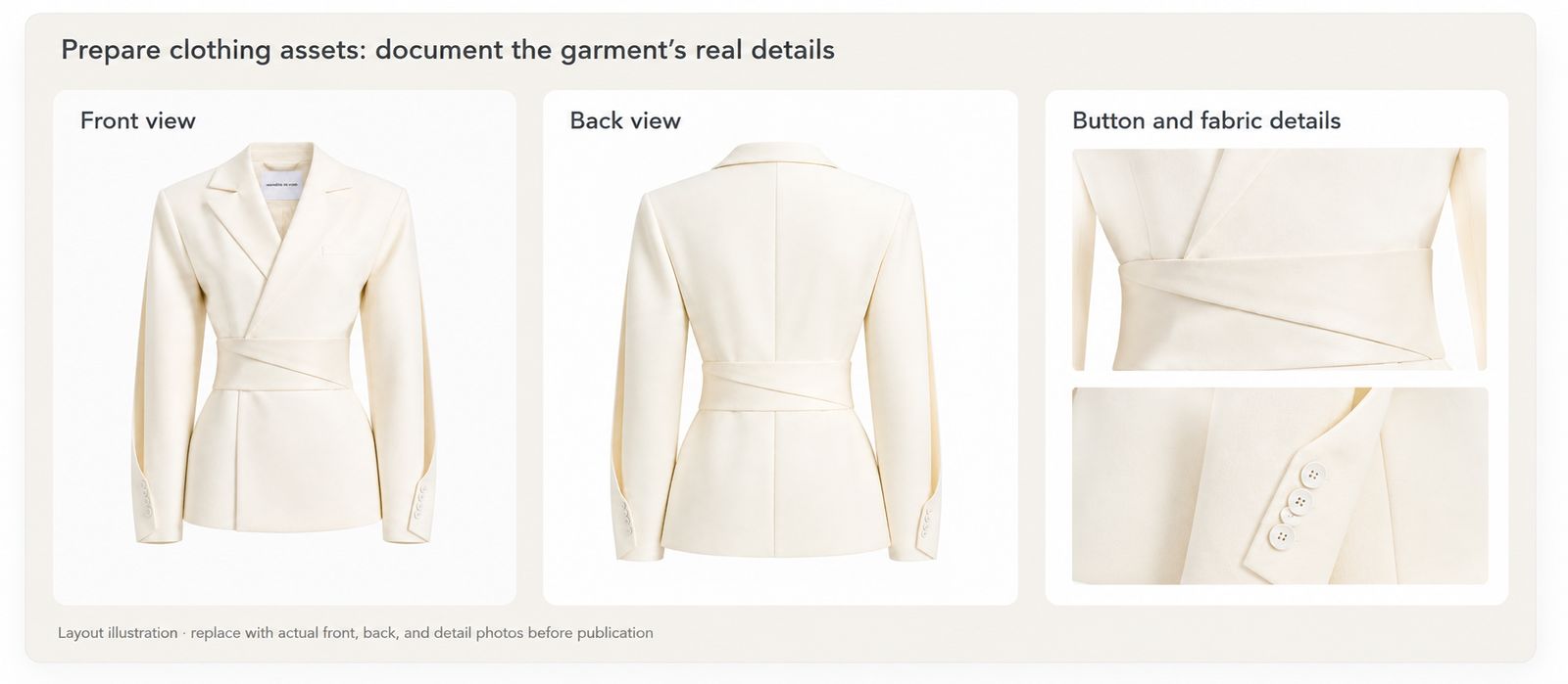 Planning illustration of the front, back, waist-wrap, and sleeve-button photos required for a real garment source set