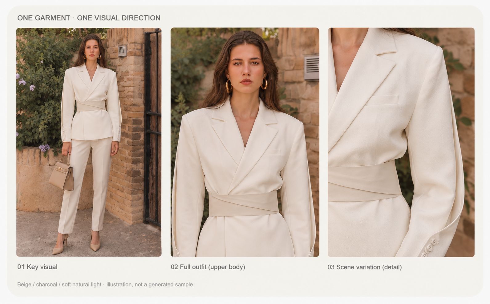 Lookbook cover showing an ivory blazer in full-length, upper-body, and detail views