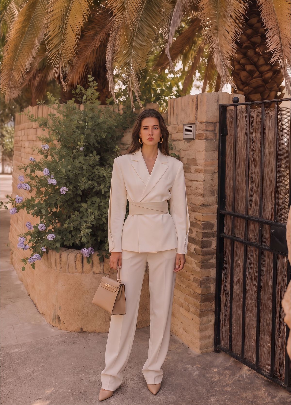 Front-facing ivory blazer outfit in the courtyard