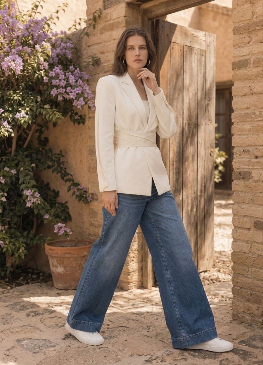 Ivory blazer styled with jeans