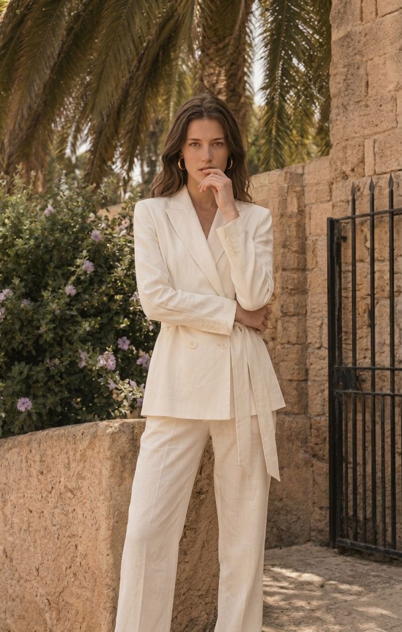 Closing pose in an ivory blazer