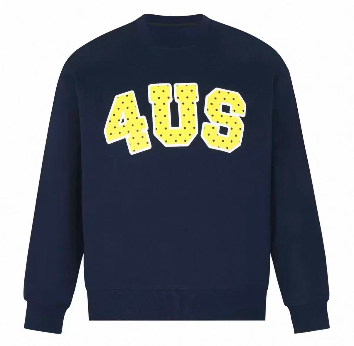 Source photo of a navy sweatshirt with a yellow polka-dot 4US print