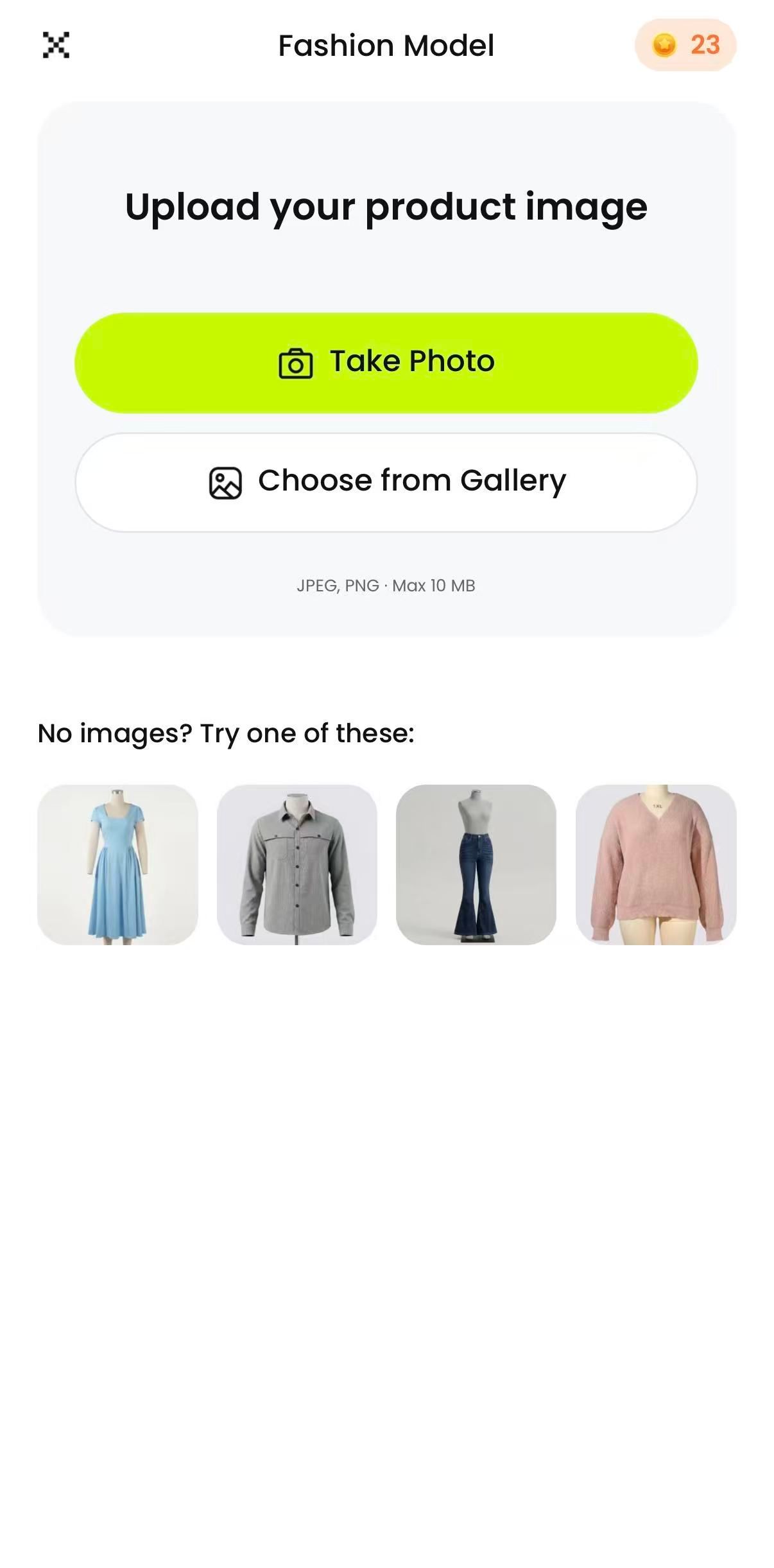 Snappyit Fashion Model upload screen with camera and gallery options