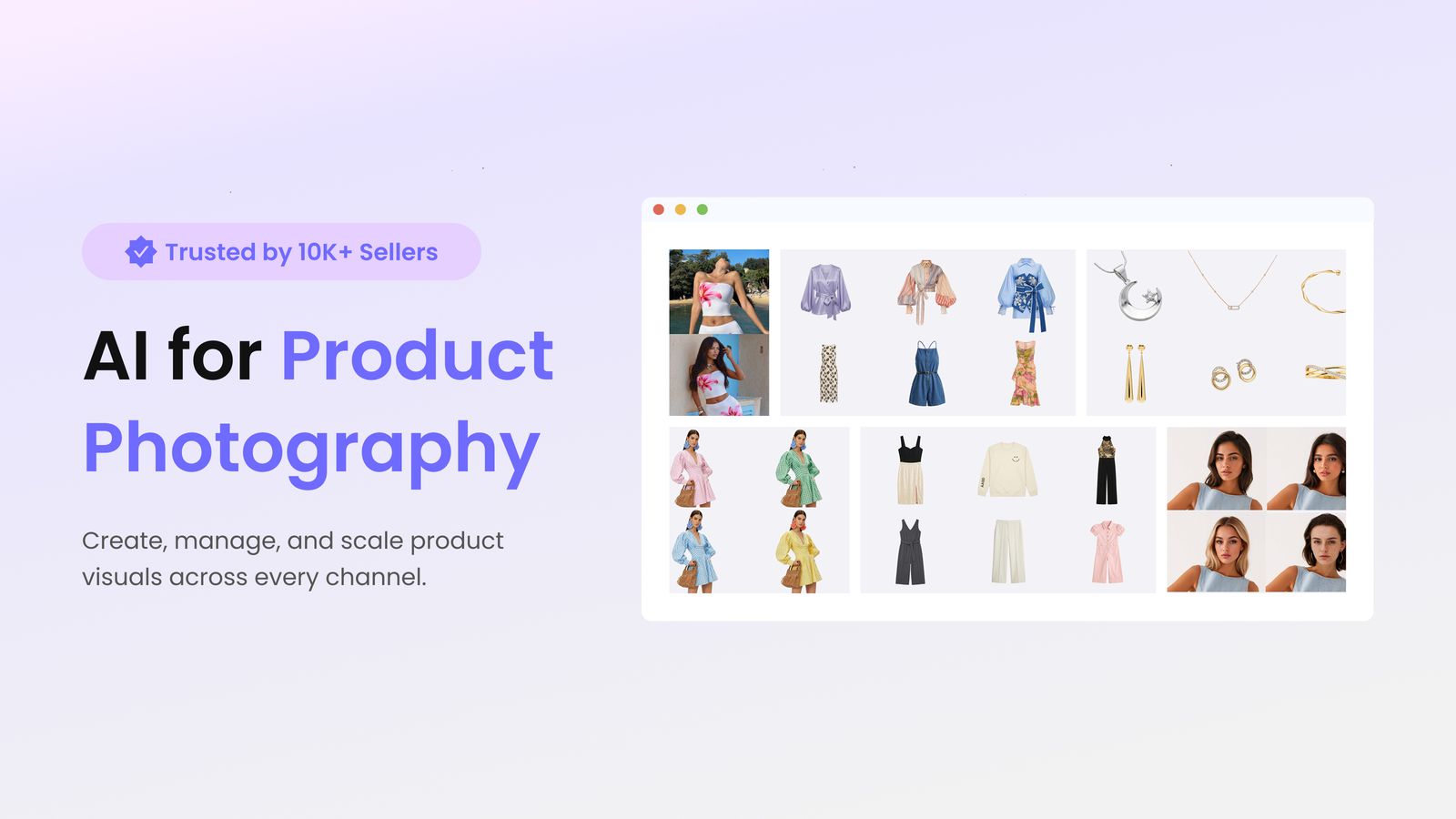 AI product photography workspace showing fashion, apparel, jewelry, and ecommerce product images