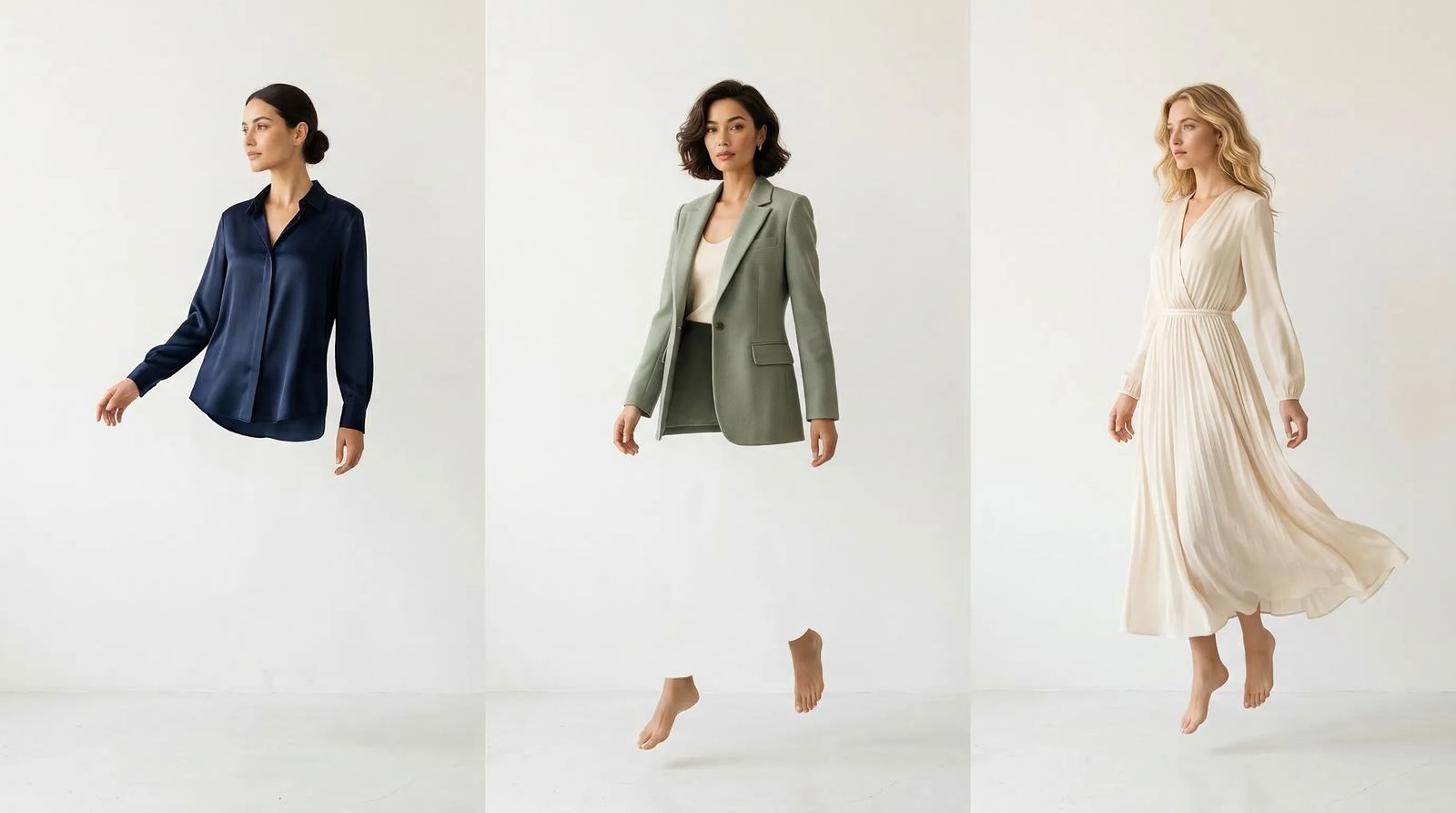 Three Nightjar AI fashion models photographed with consistent lighting, neutral backgrounds, and catalog styling