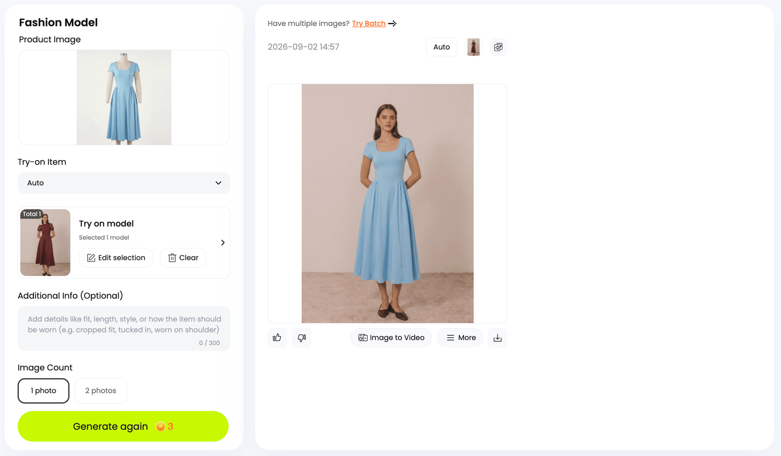 Snappyit Fashion Model screen with the blue dress and an Image to Video continuation button