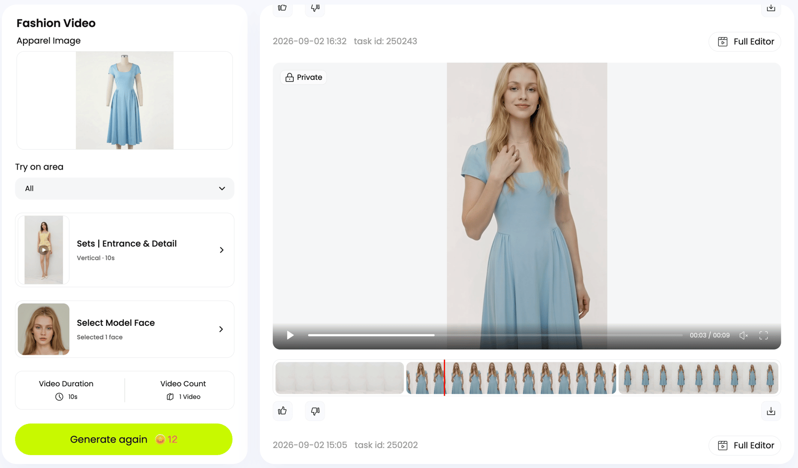 Snappyit Fashion Video screen with the blue dress, video style, model face, and result