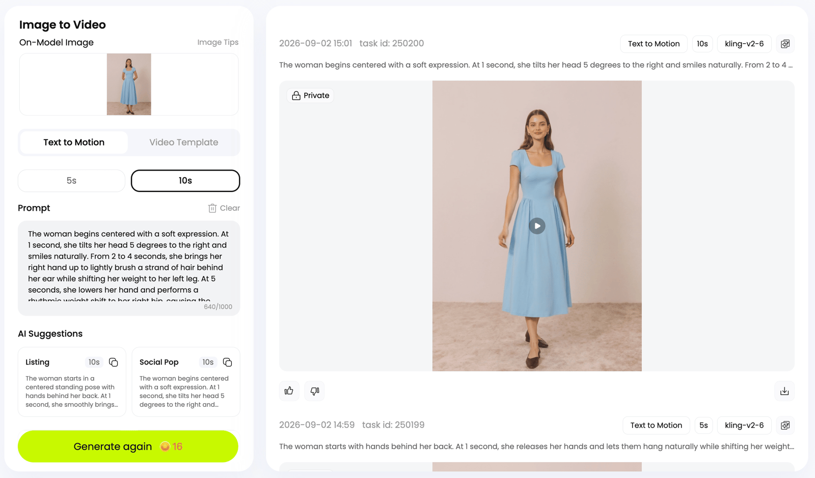 Snappyit Image to Video screen with the blue-dress model image and movement settings