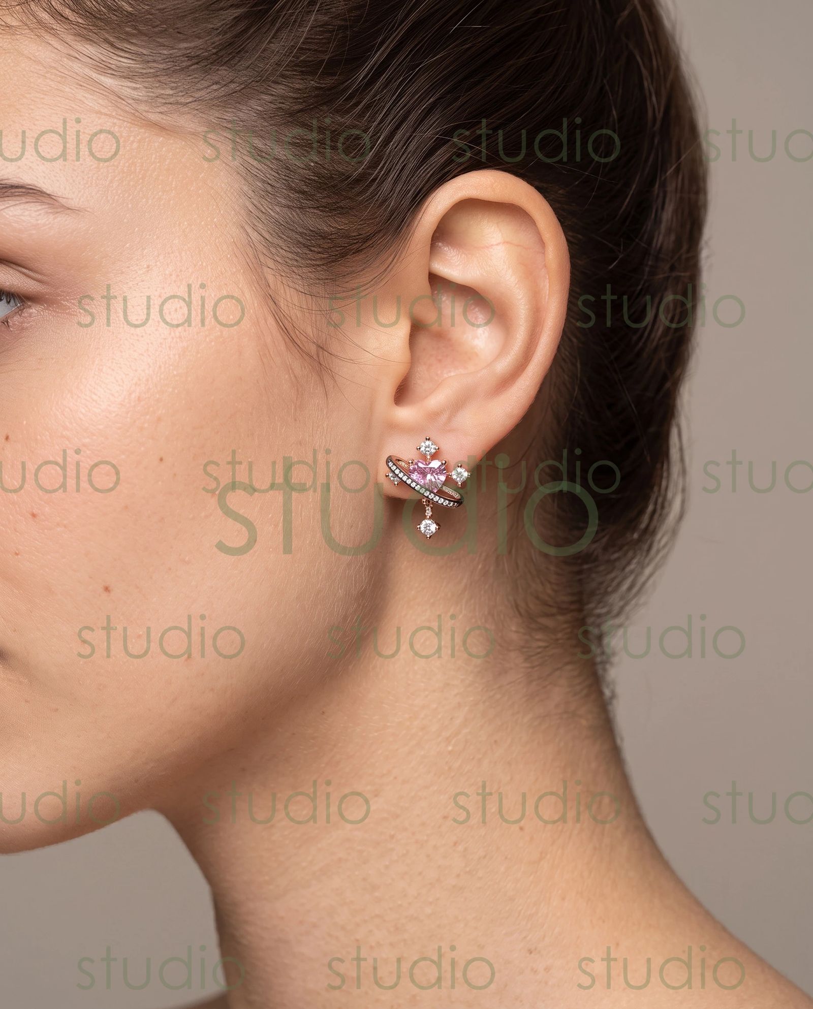 The pink heart stud on an AI-generated model, framed close on the ear