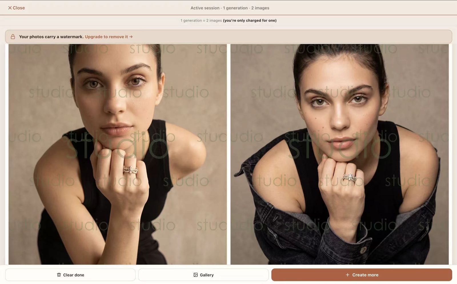 Studio Loya result screen with two watermarked images