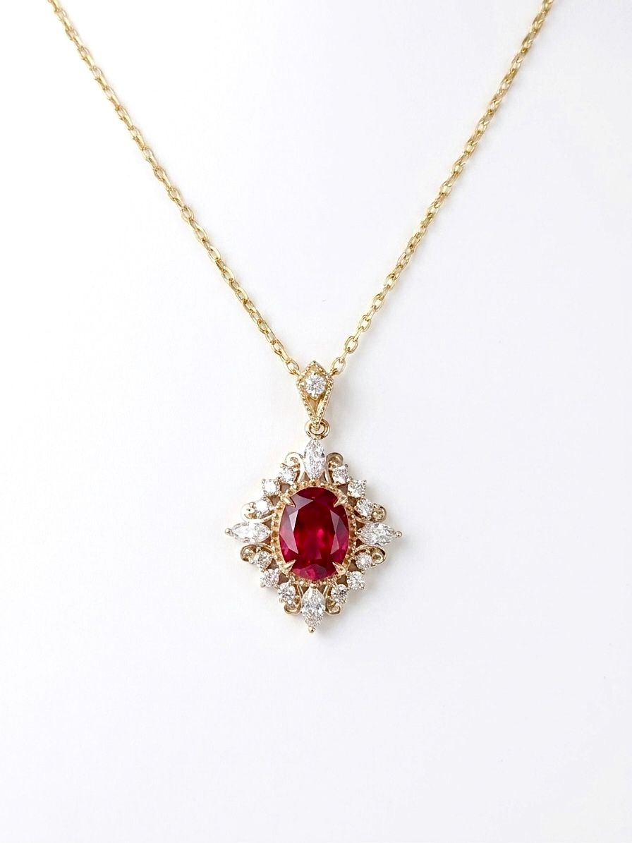 Ruby necklace after AI jewelry retouching on a clean white background