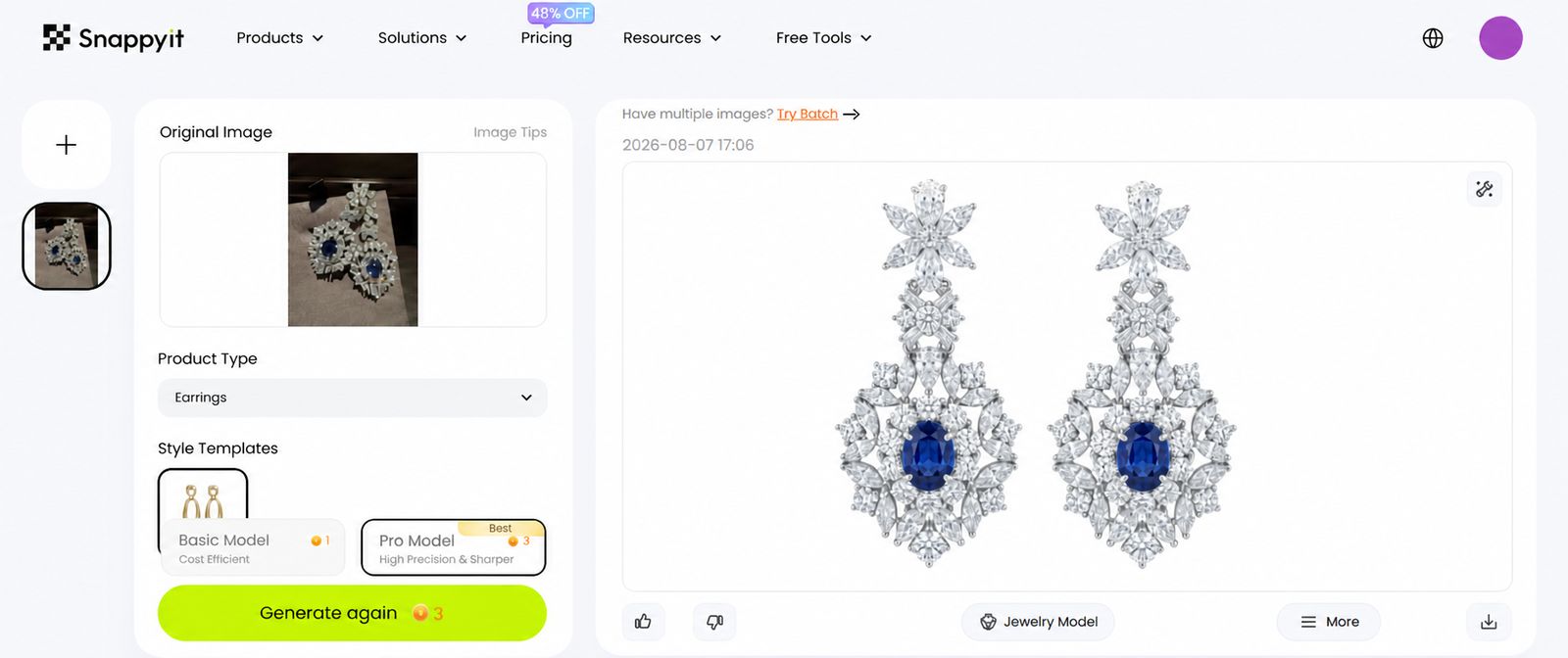 Snappyit jewelry workflow showing the original earrings, product settings, and generated result
