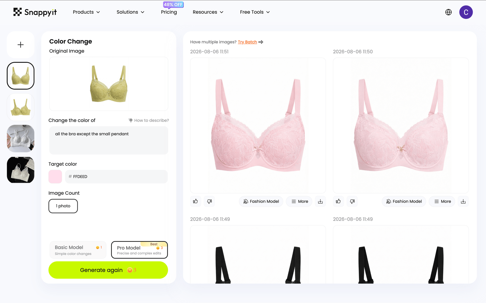 Snappyit Color Change workspace for a lingerie product image
