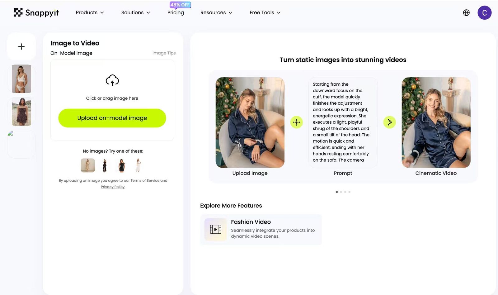Snappyit Image to Video workspace for an on-model source image