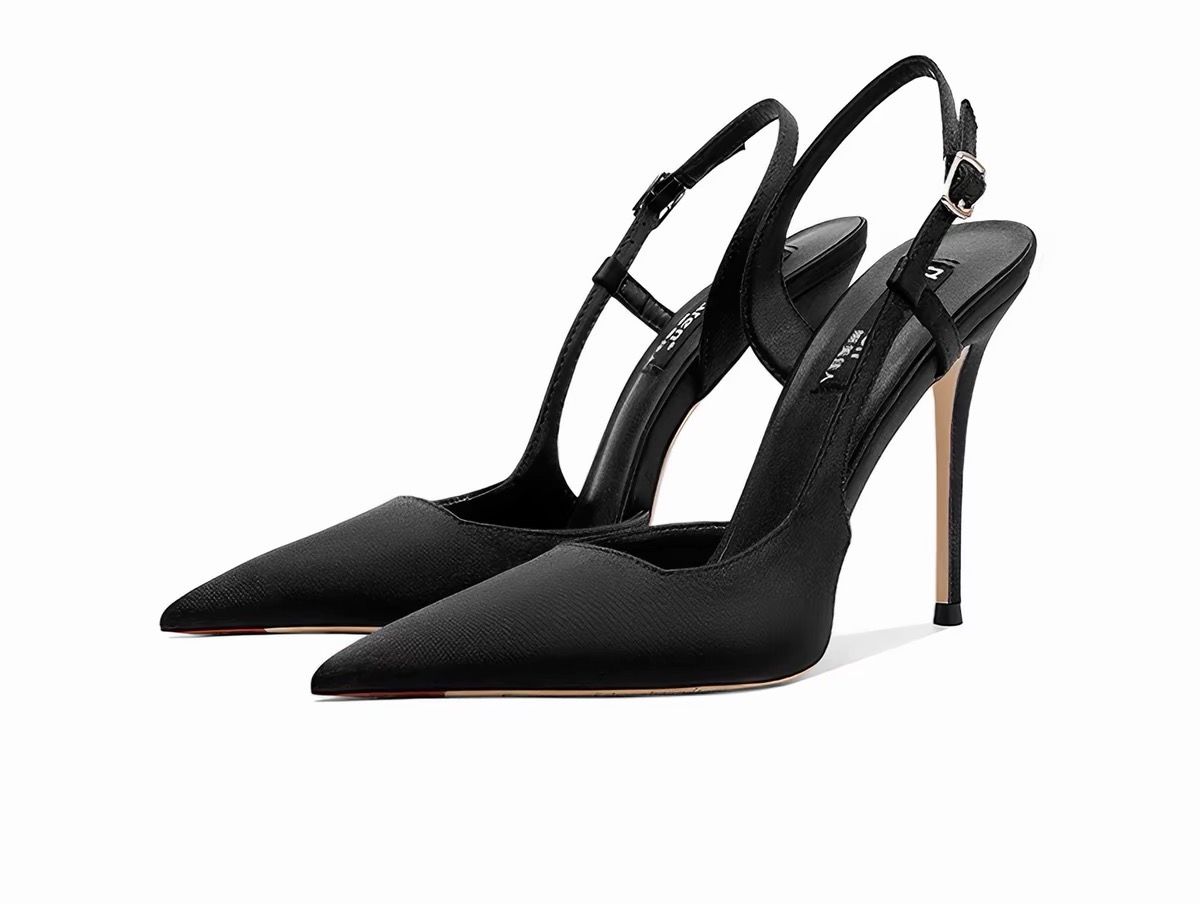 Black pointed-toe slingback stiletto heels