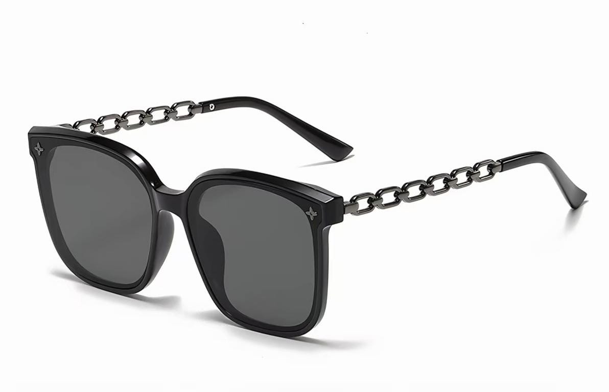 Black square sunglasses with chain-link temple details