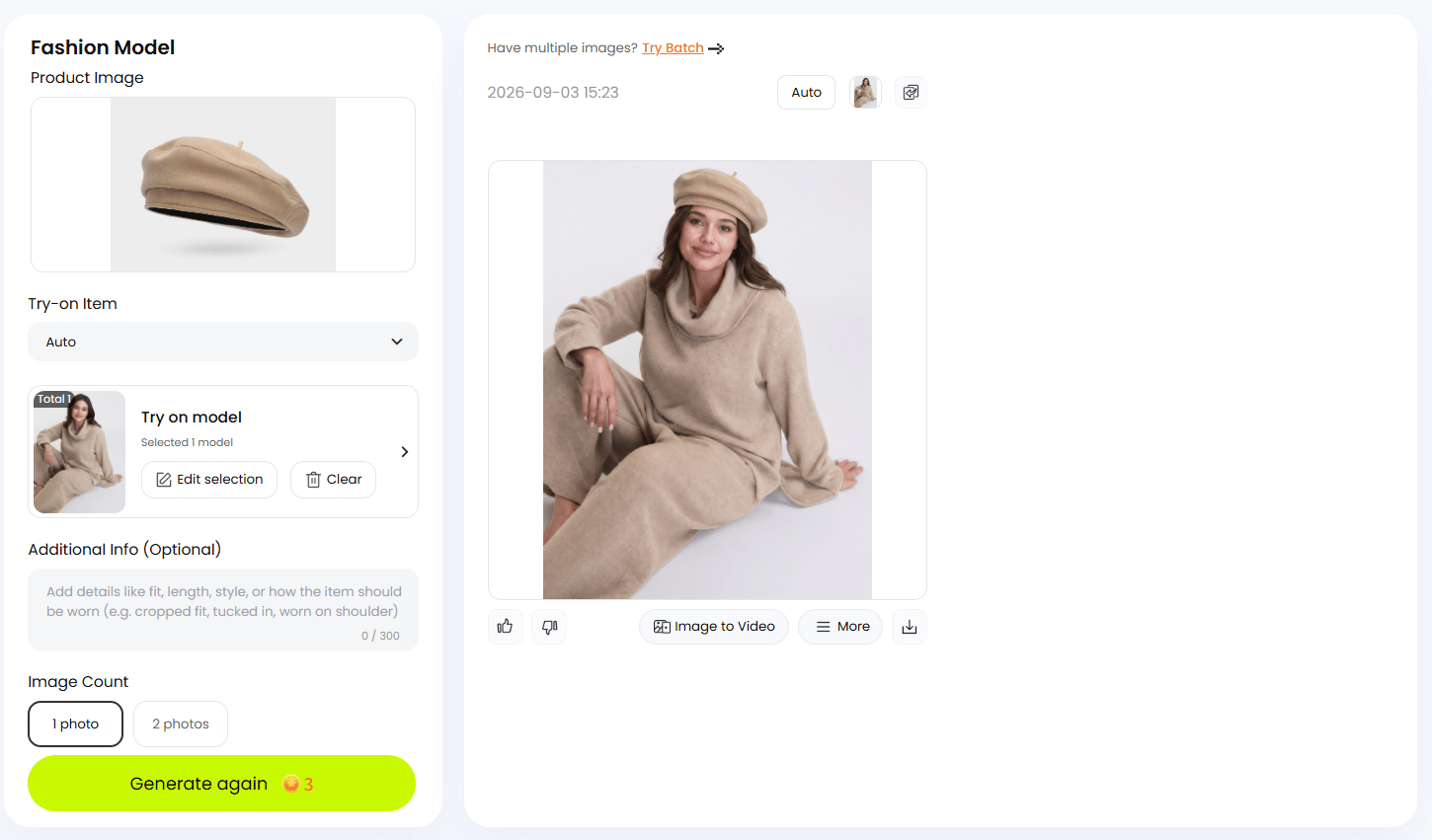 Snappyit Fashion Model workflow with a beret product reference, model selection and generated result