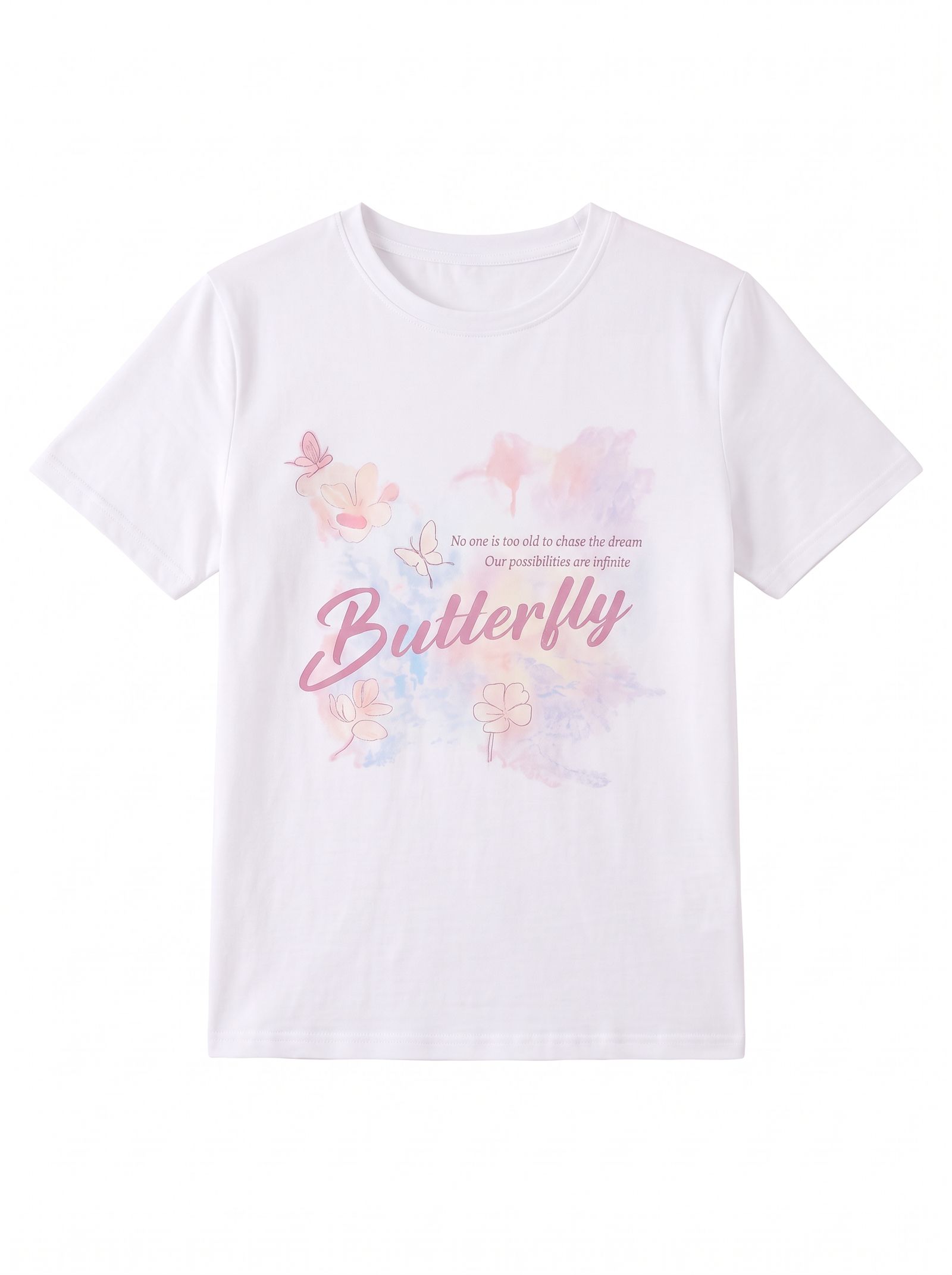 White Butterfly T-shirt flat lay with readable printed text
