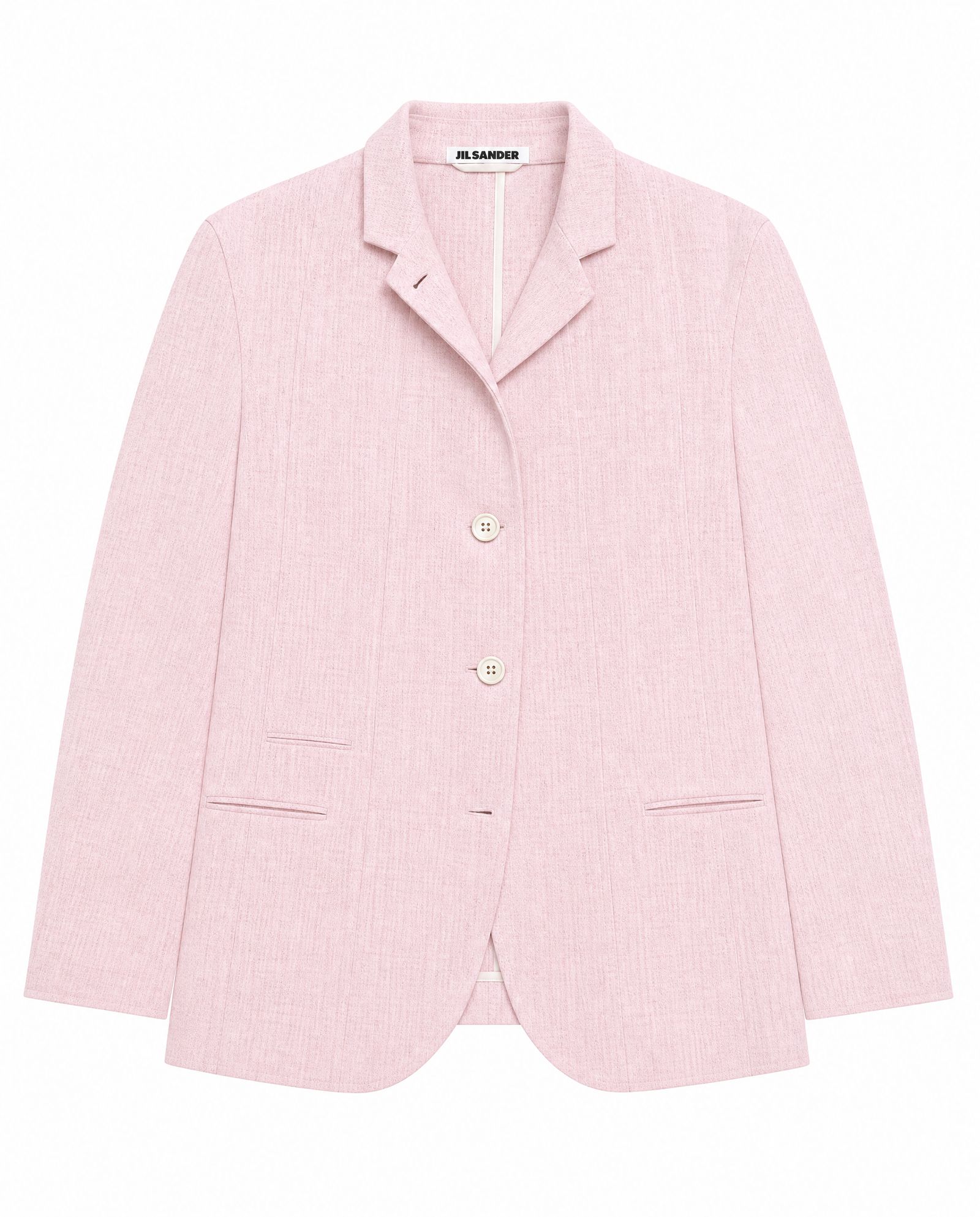 Alternate AI product photo of the pink blazer with a readable JIL SANDER label