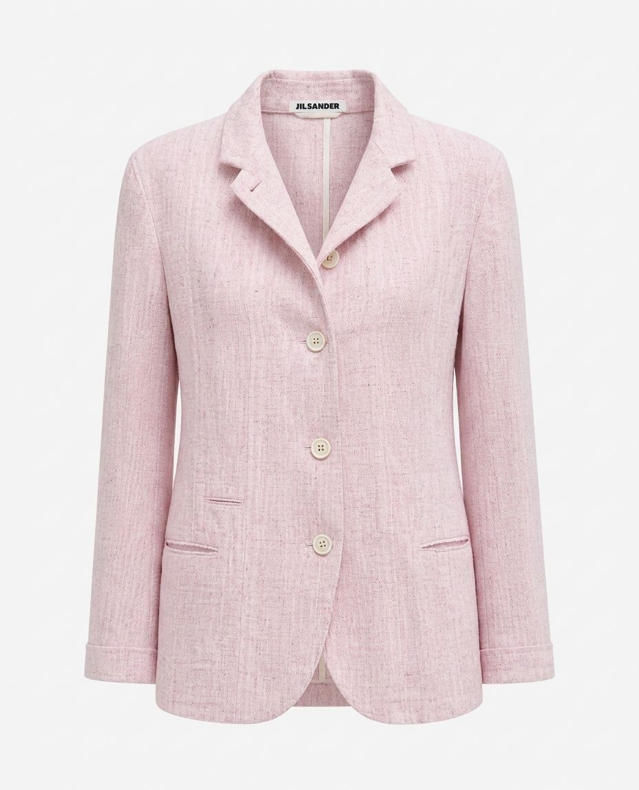 Pink blazer ghost mannequin product image with a readable JIL SANDER label