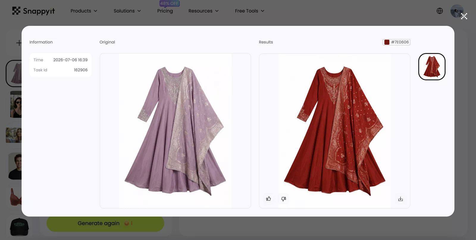 Snappyit AI Color Change tool test showing product recoloring results