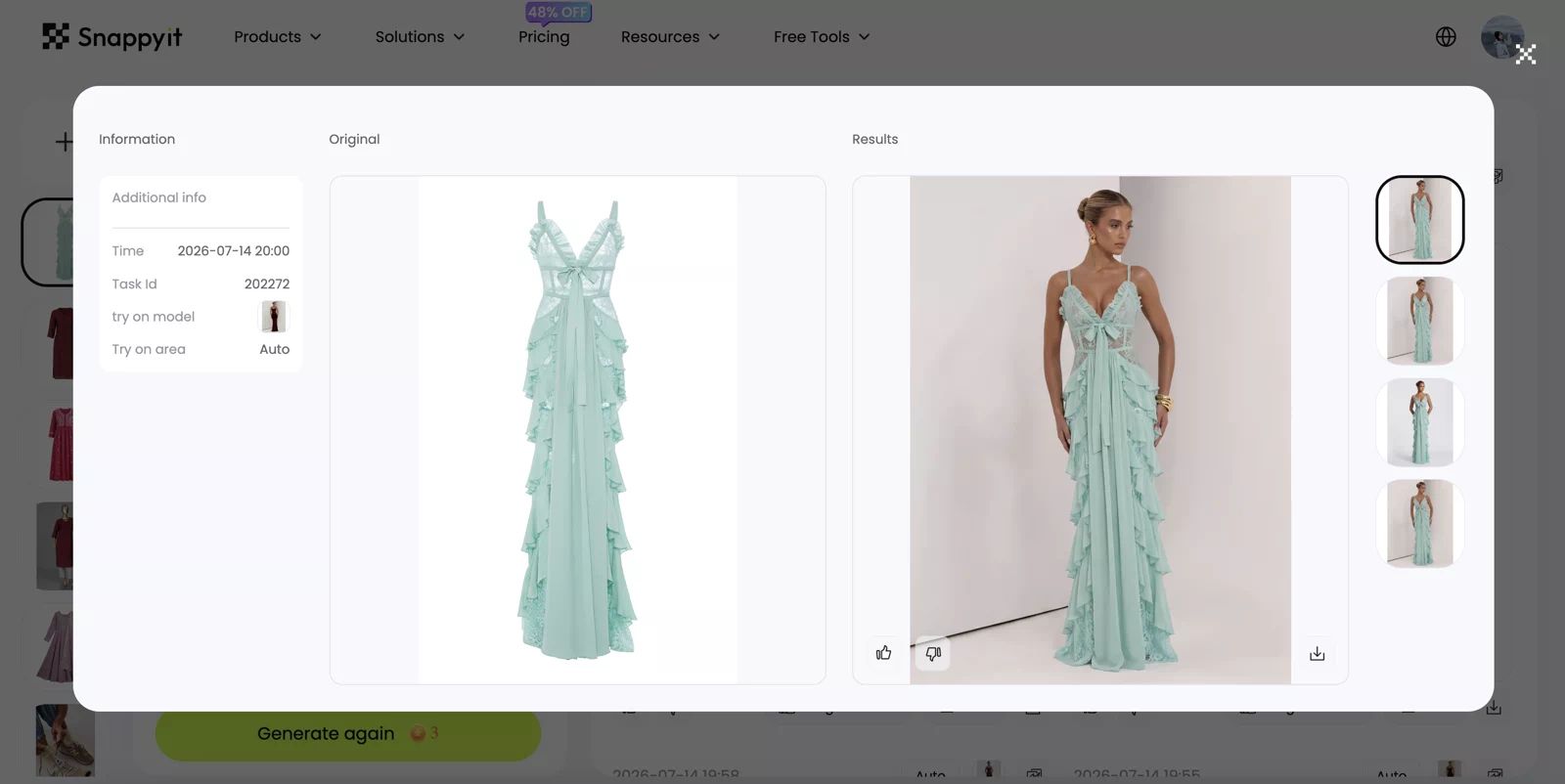 Snappyit AI Fashion Model tool test showing a garment transformed into an on-model product image