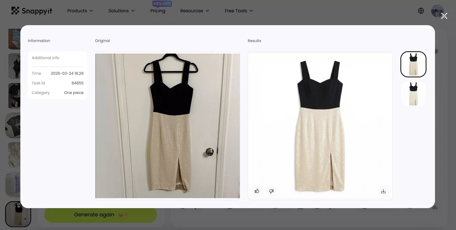 Snappyit AI Flat Lay tool test showing a product photo workflow and generated flat-lay result
