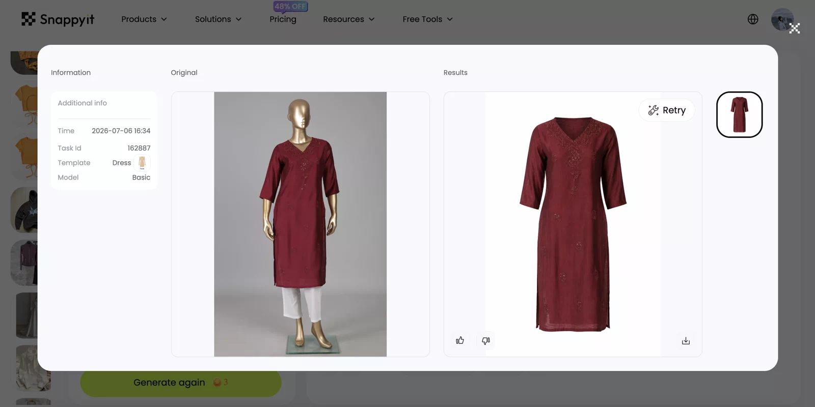 Snappyit AI Ghost Mannequin tool test showing the source garment and generated ghost-mannequin result