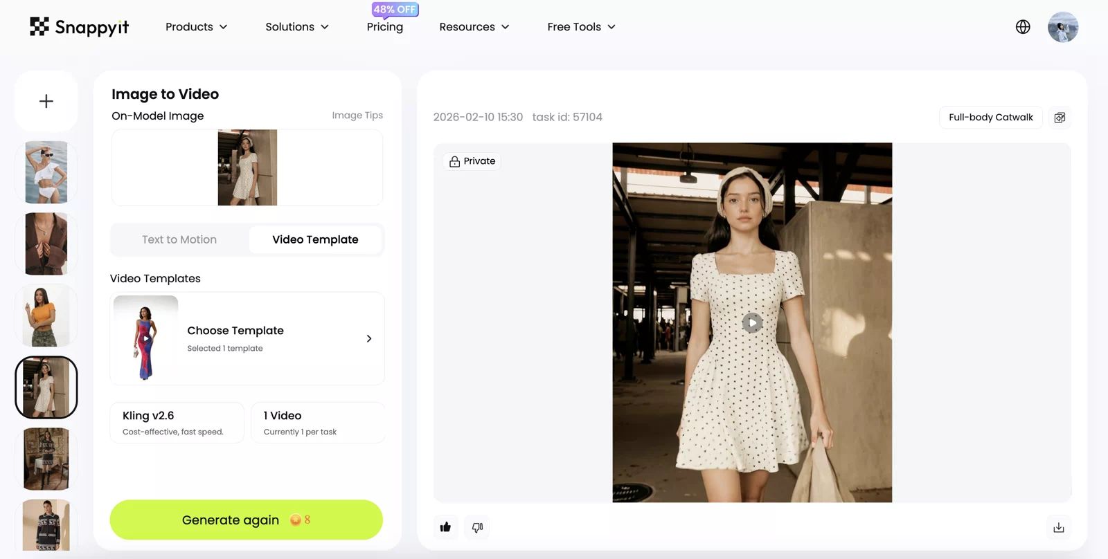 Snappyit Image to Video tool test showing an approved product image turned into a short product video