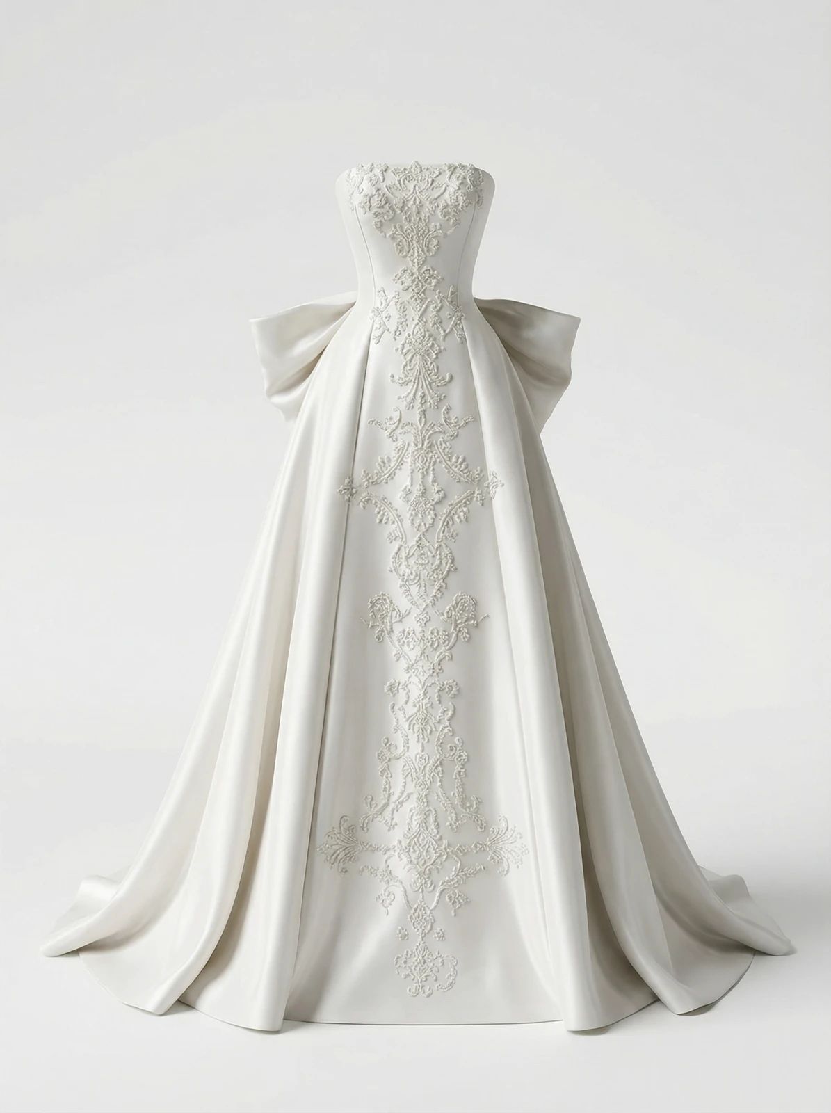White strapless bridal gown displayed on a dress form against a light background