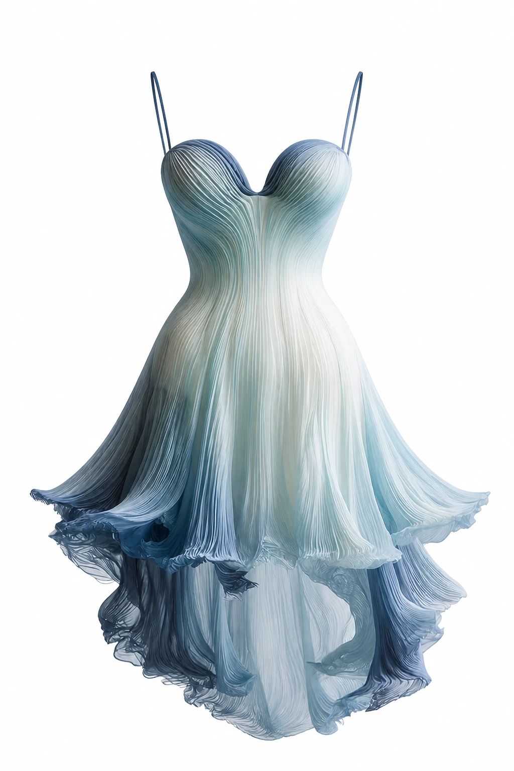 Blue ombré gown shown full length without a visible mannequin against a dark background