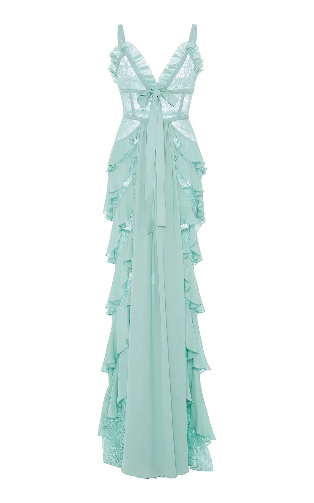 Light mint ruffled gown displayed full length on a dress form