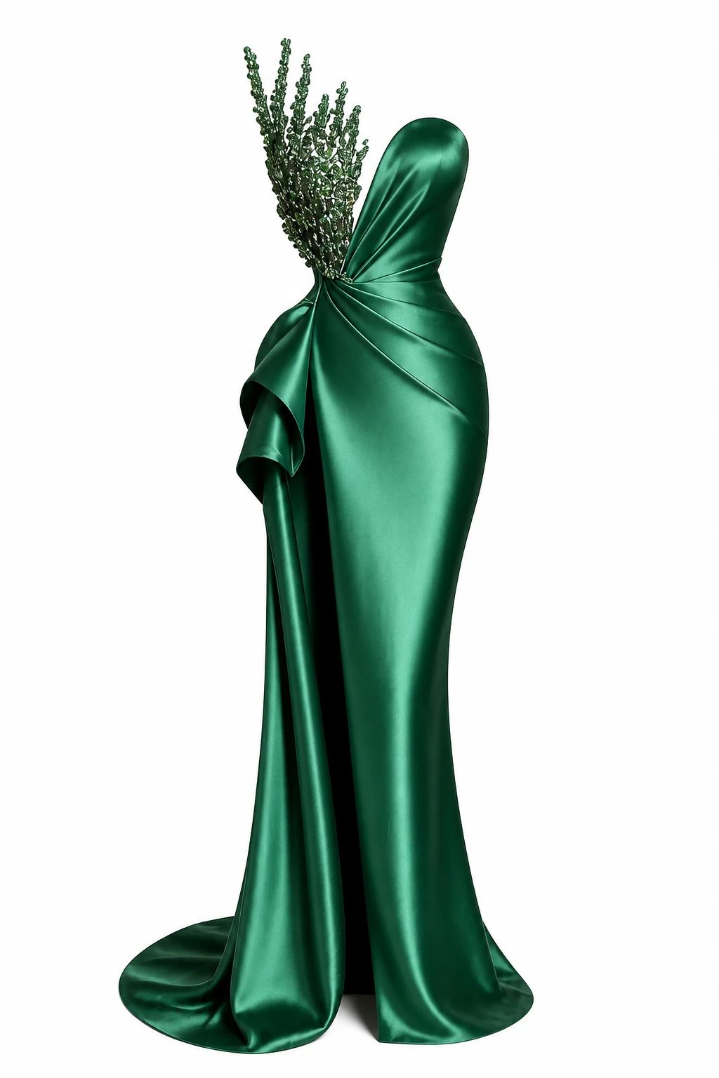 Emerald satin gown presented full length without a visible mannequin