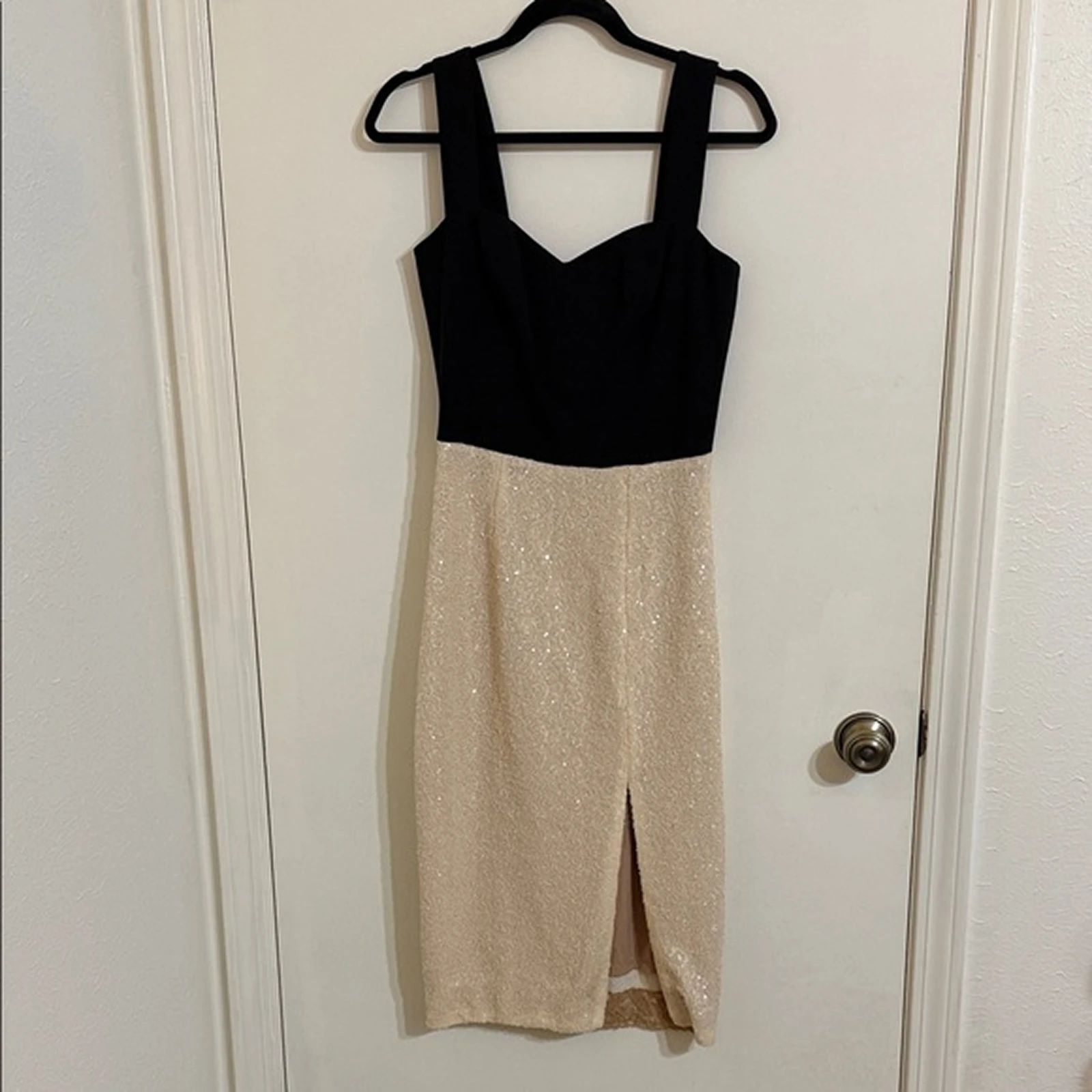 Black sleeveless bodice and champagne pleated skirt displayed on a dress form