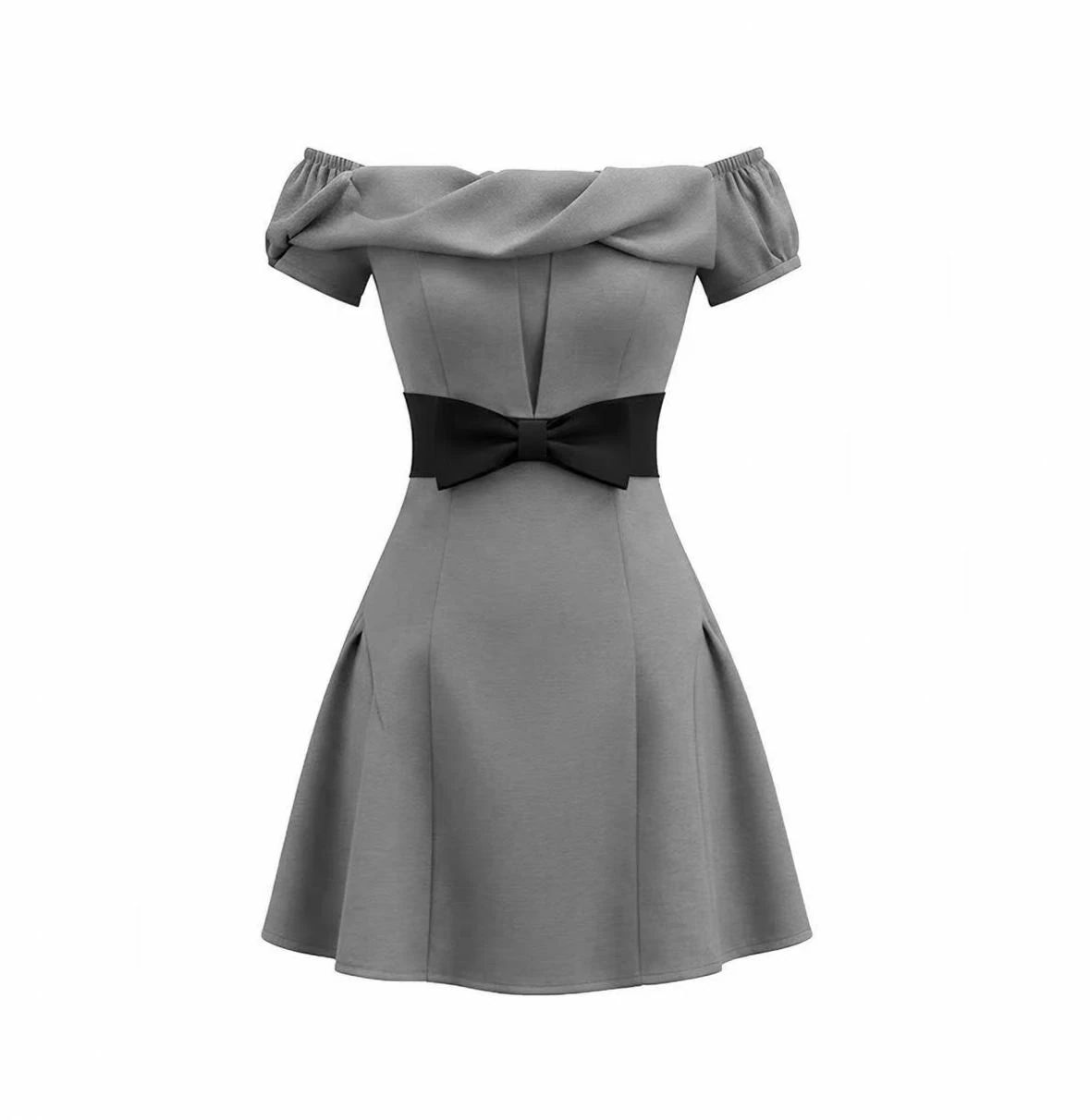 Gray off-shoulder dress with a dark waist belt displayed on a mannequin