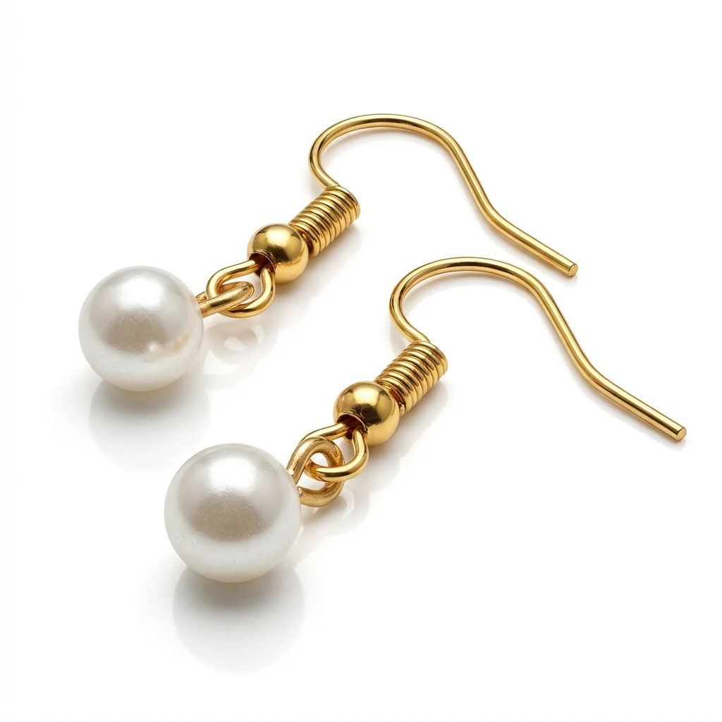 Pair of gold and pearl drop earrings arranged on a clean white background