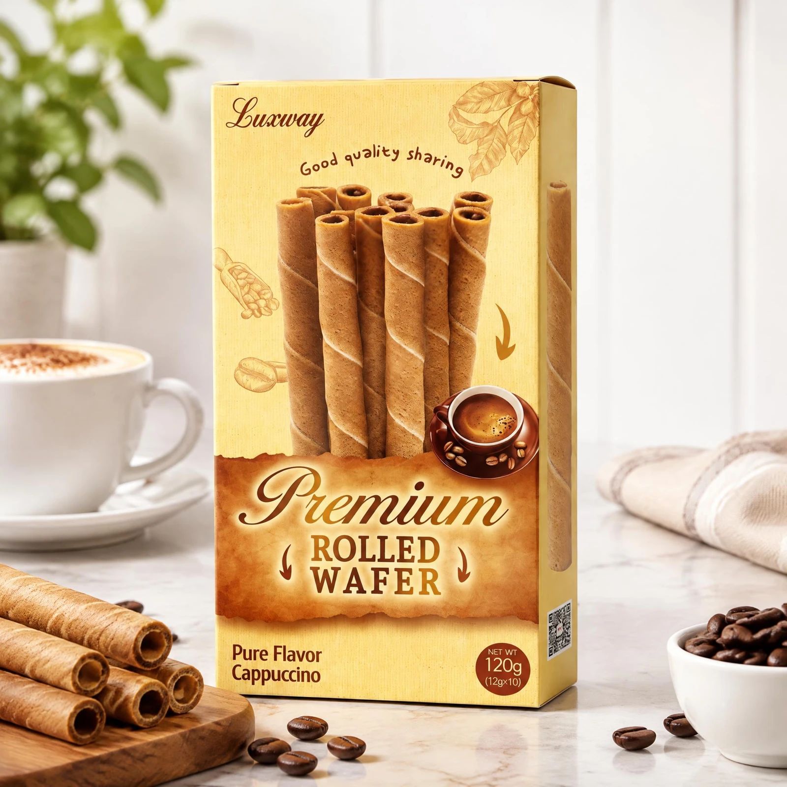 Rolled wafer cookie package styled with wafer sticks and a cup of coffee
