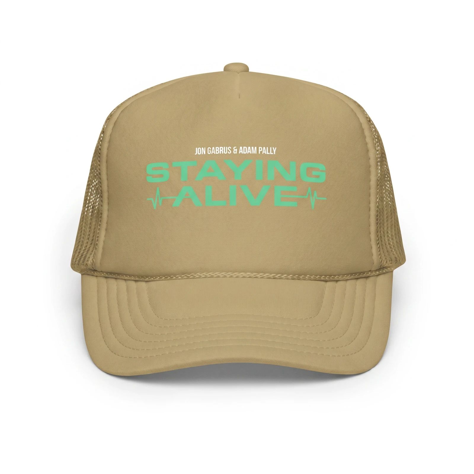 Beige baseball cap with mint-green lettering on a white background