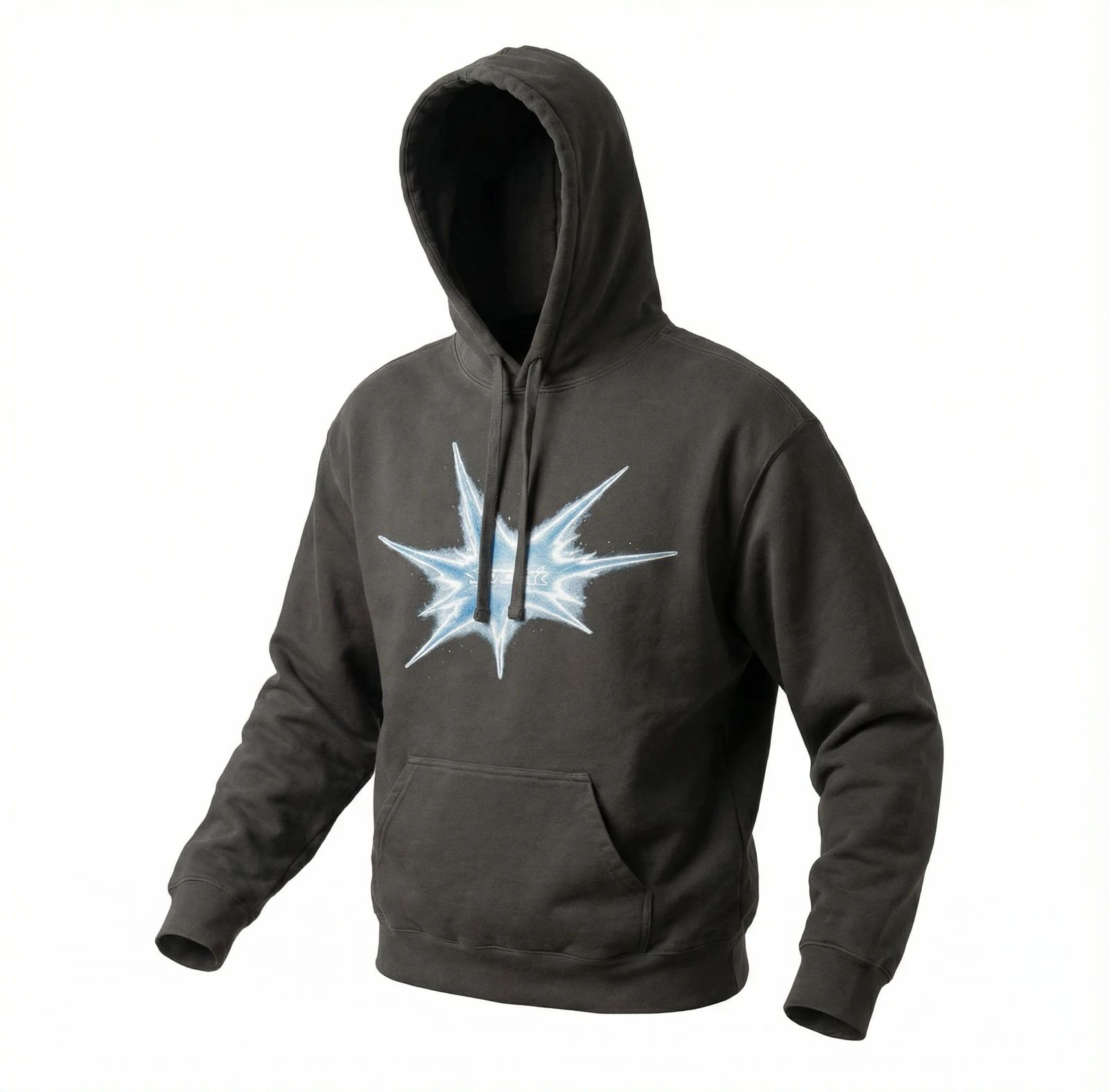 Black hoodie with a blue-and-white chest graphic shown without a visible mannequin