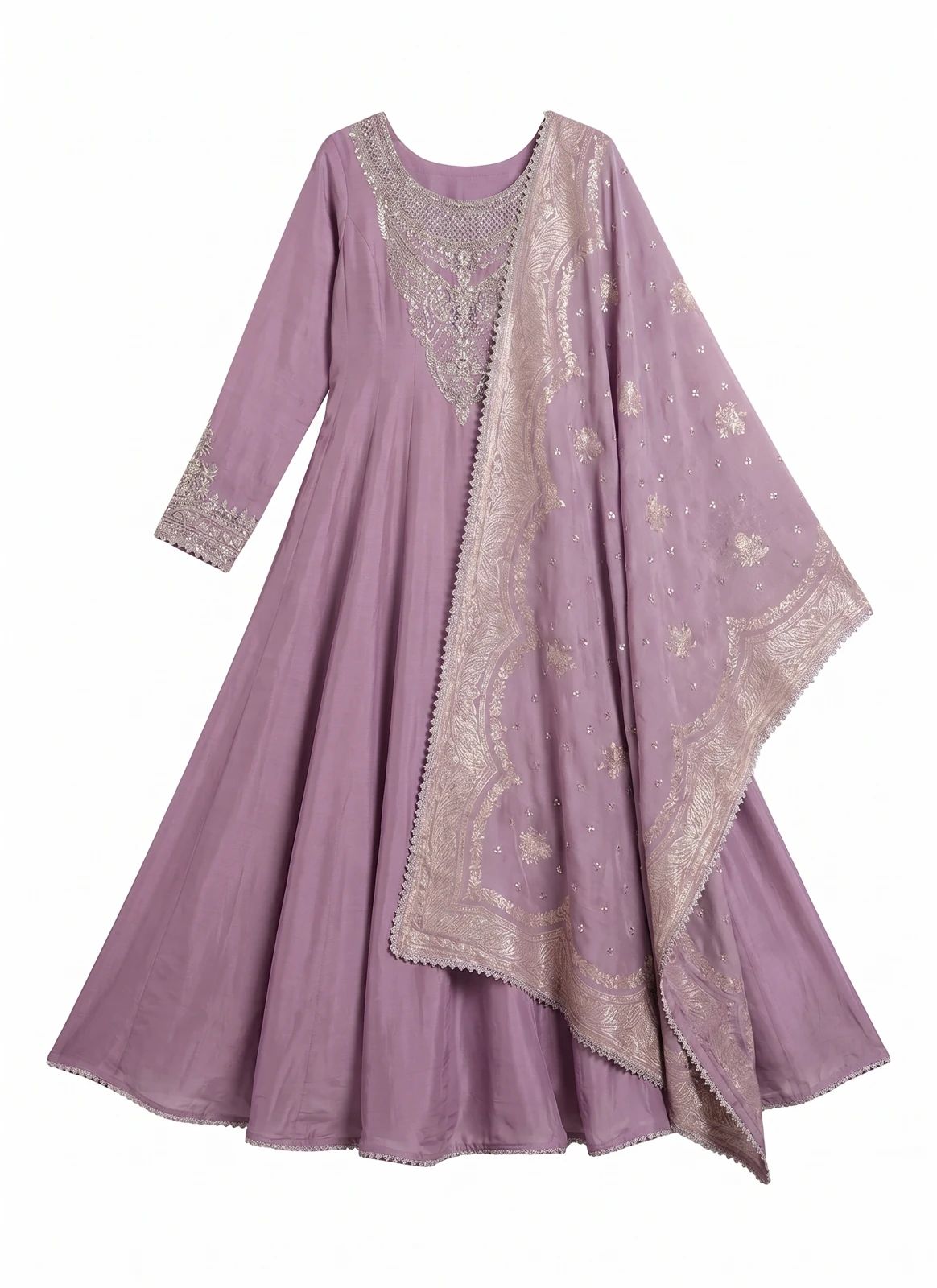 Lavender Indian clothing set with a draped dupatta displayed on a hanger
