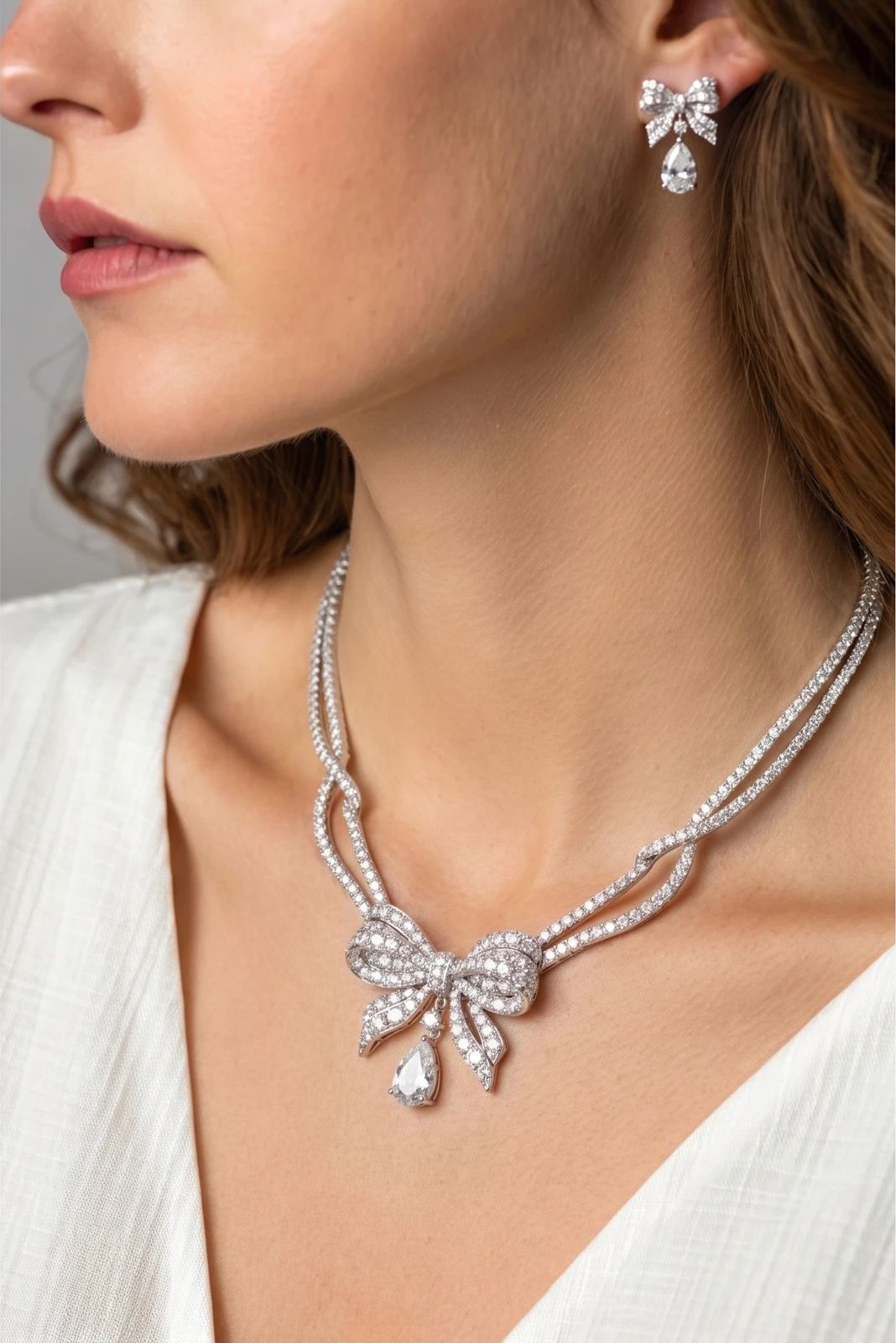Model wearing a silver bow necklace and matching earrings over a white top