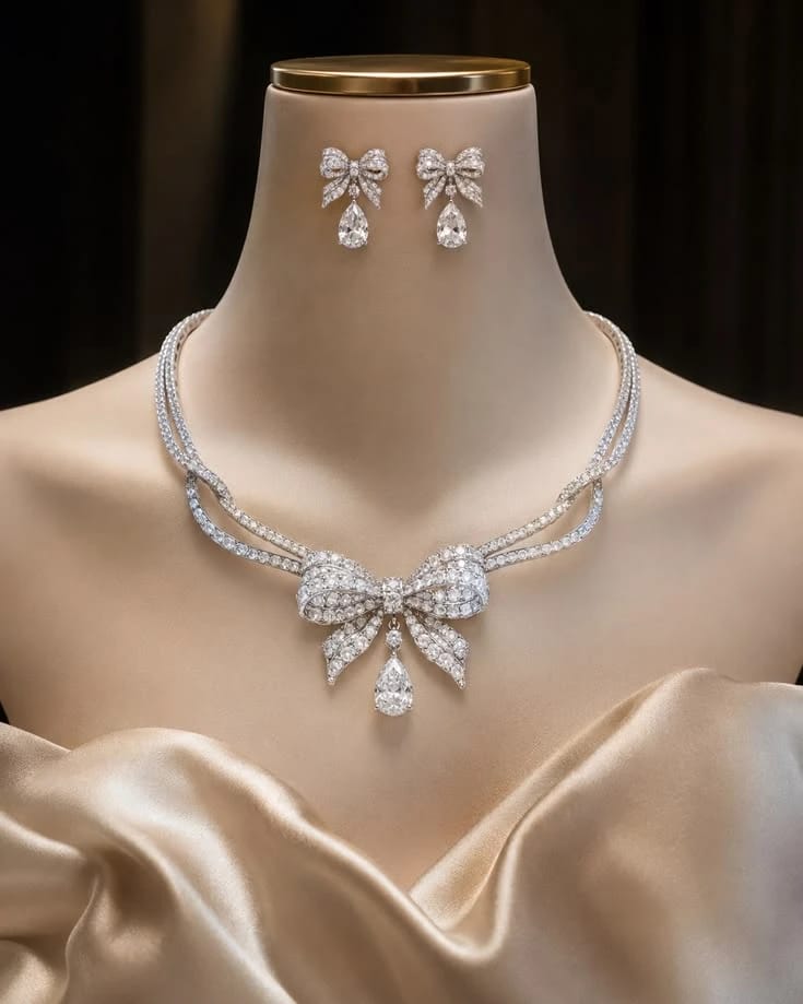Silver bow necklace and matching earrings displayed on a satin bust