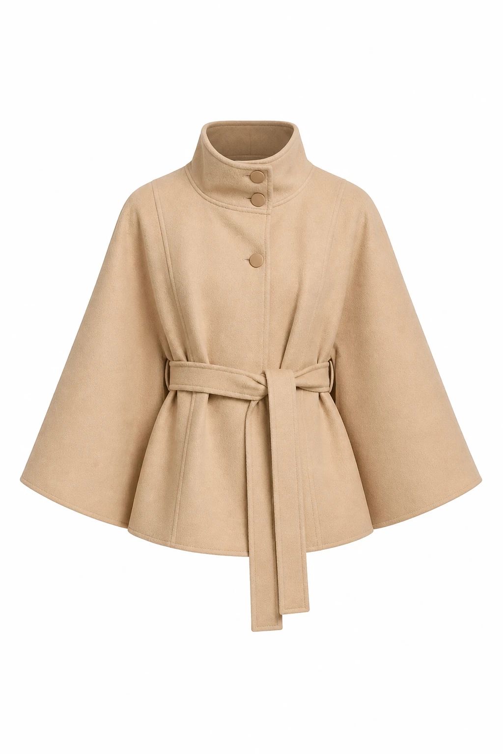 Beige cape jacket with its collar, buttons and belt shown without a visible mannequin