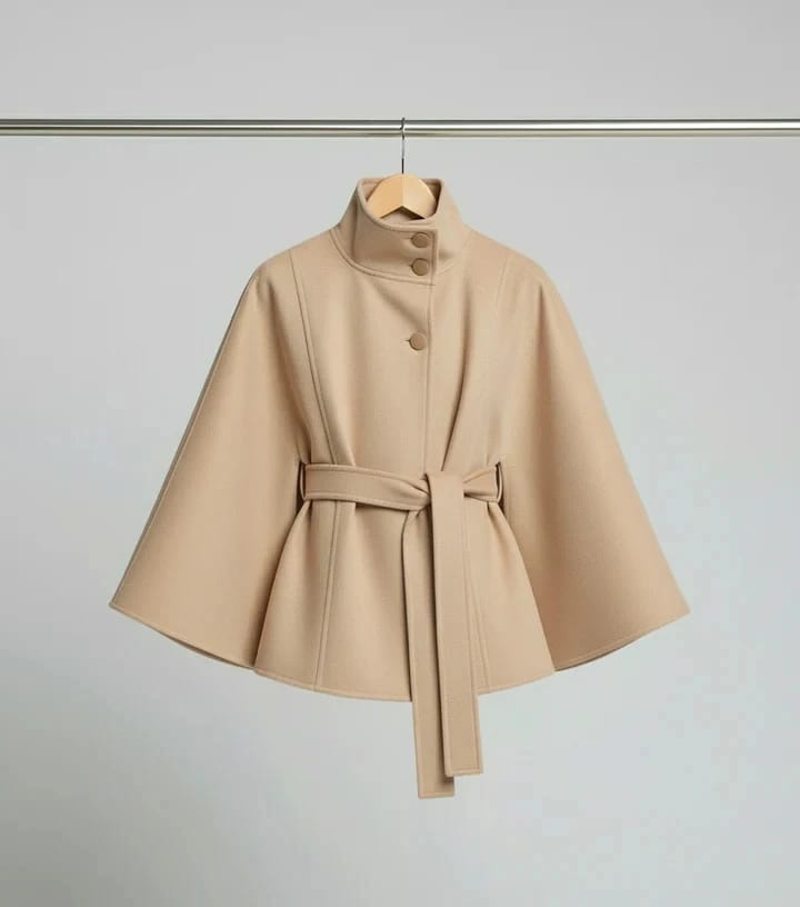 Beige cape jacket with a high collar, front buttons and waist belt on a hanger