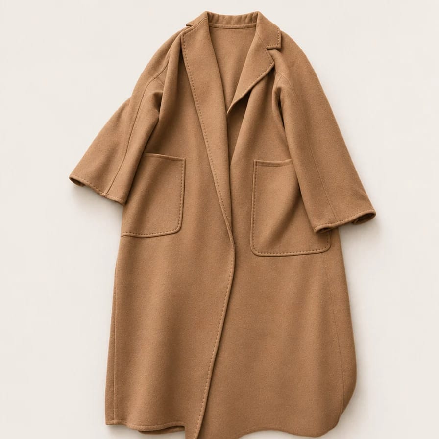 Brown coat with smoother fabric while its lapels, pockets and seams remain visible