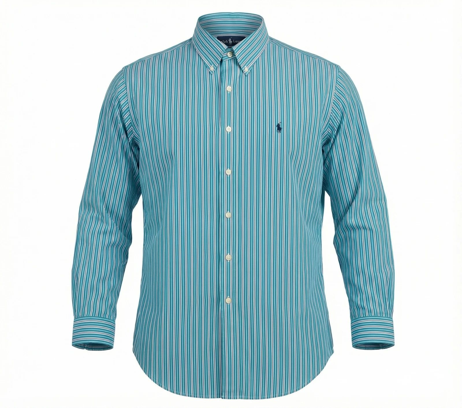 Teal striped button-down shirt displayed on a hanger