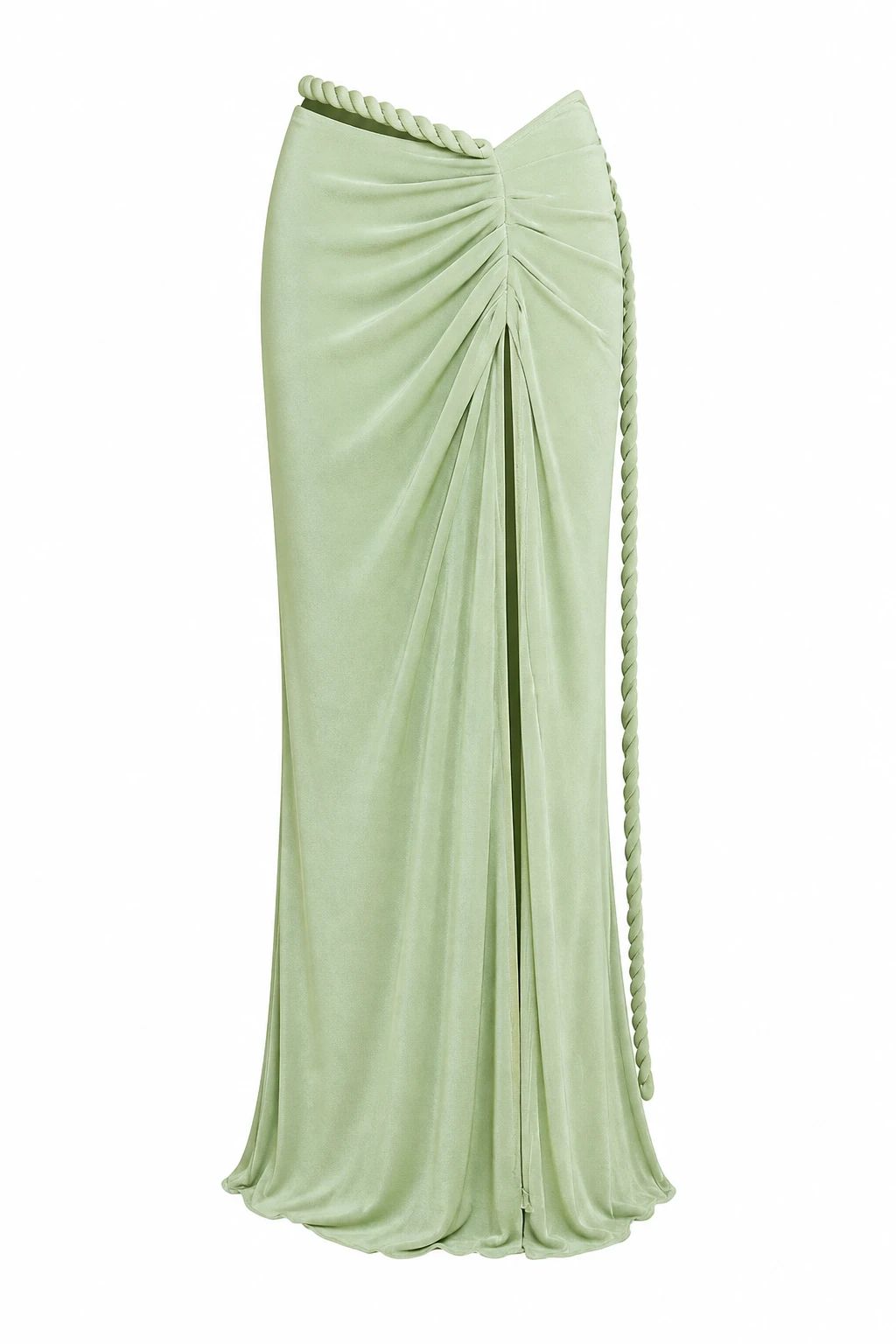 Pale green draped skirt presented full length without a visible model
