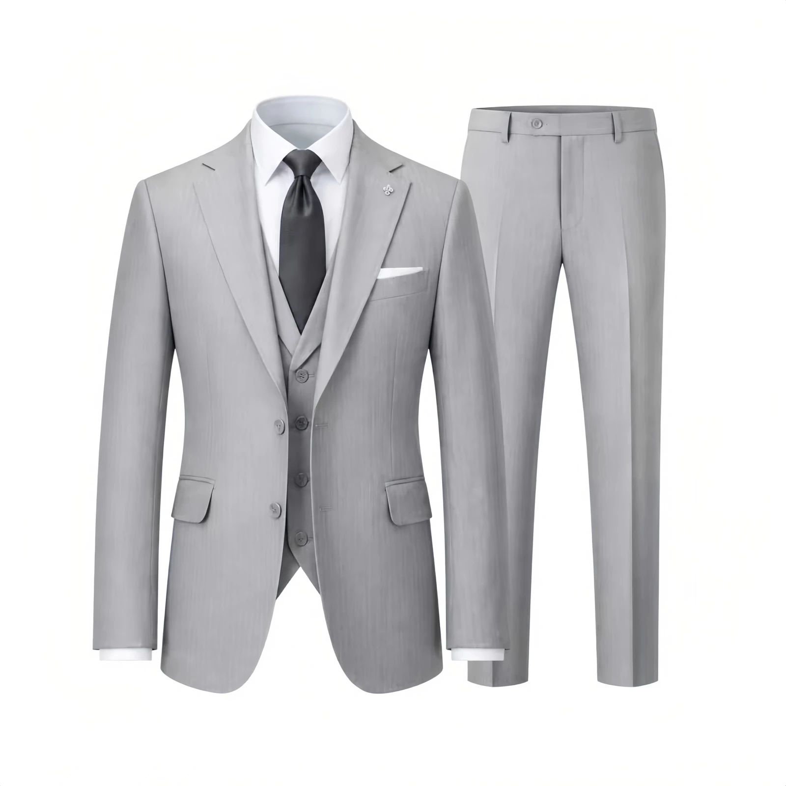 Gray suit jacket, trousers and tie presented as a product set without a visible mannequin