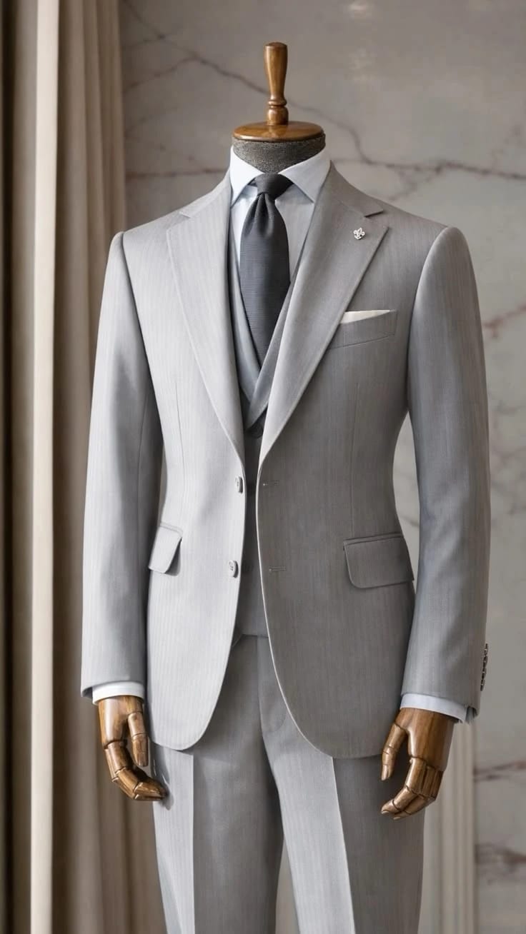 Gray suit jacket, trousers and tie displayed on a mannequin